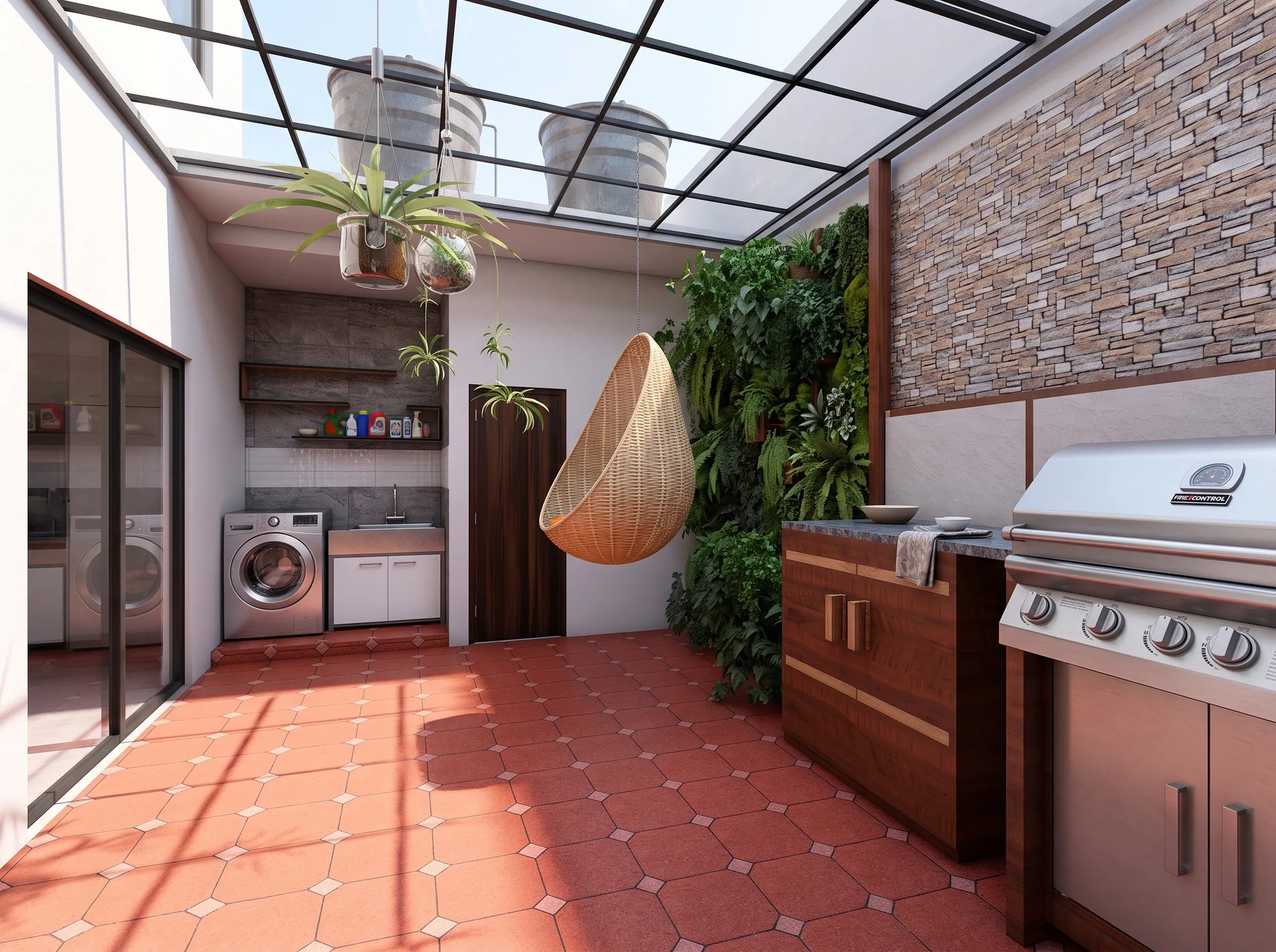 Patio cubierto con jardín vertical y cubierta traslúcida — Casa Moderna con Patio Cubierto, proyecto de CYMARQ